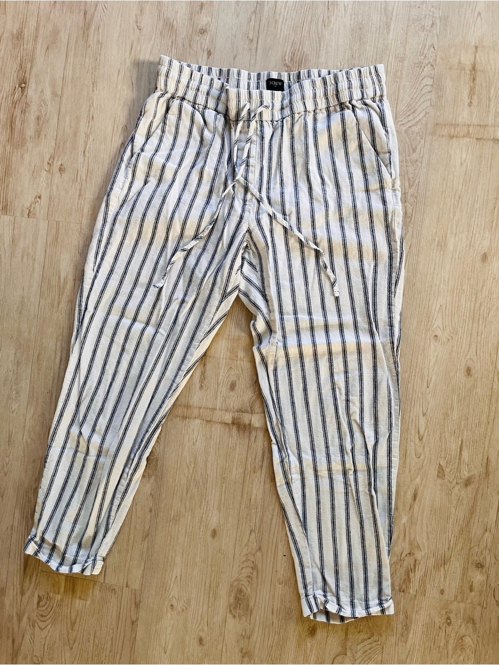 J. Crew White Linen-Blend Drawstring Pants with Navy Stripes